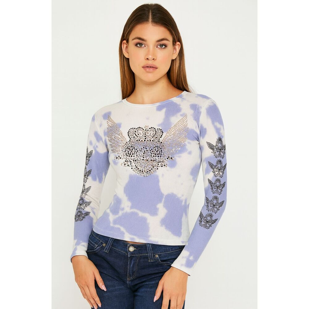 Affliction like Y2K Blue Tie Dye Bling Long Sleeve Shirt Top Women's Size Medium